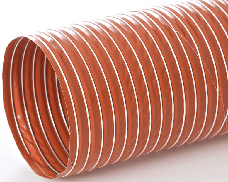 Flexaust BDS Single-ply iron oxide red silicone coated fiberglass fabric hose reinforced with a spring steel wire helix & external filament fiberglass cord